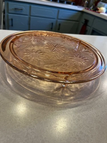 Vintage Jeanette Glass Pink Depression Glass Sunflower Footed Cake Plate 10"