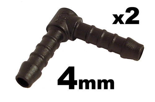 2x 4mm 90' Right Angle Connectors for Washer / Heater Hose, Tube or Pipe - Picture 1 of 1