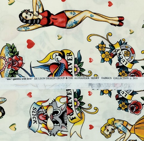 Don't Gamble With Love Tattoo Pin Up Alexander Henry Cotton Fabric 1 3/4 YD - Picture 7 of 7