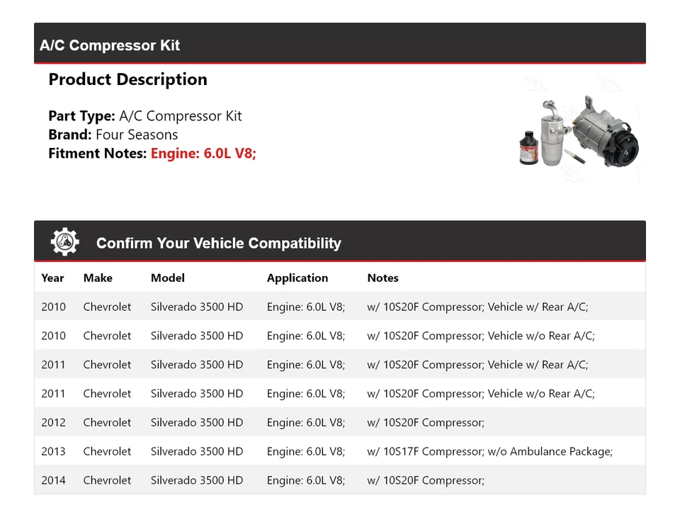 Kit de compresor de aire acondicionado V8 6,0 L para Chevrolet Silverado 3500 HD 2010-2014 4 estaciones Foto 2 de 4
