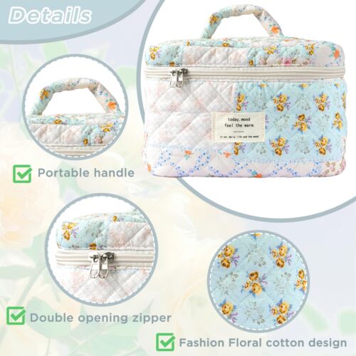 Makeup Bag Large Travel Quilted Cosmetic Makeup Bag Organizer Floral Cotton Coqu - Picture 3 of 6