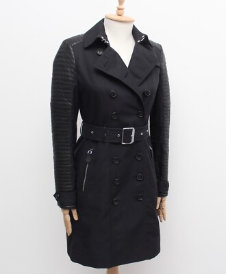 Women's BURBERRY BRIT Trench Coat Leather Trim Double Breasted