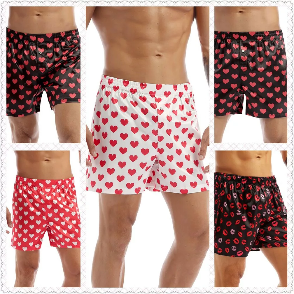 Mens Silky Lounge Hearts Print Boxer Briefs Shorts Sports Pants Trunks  Underwear