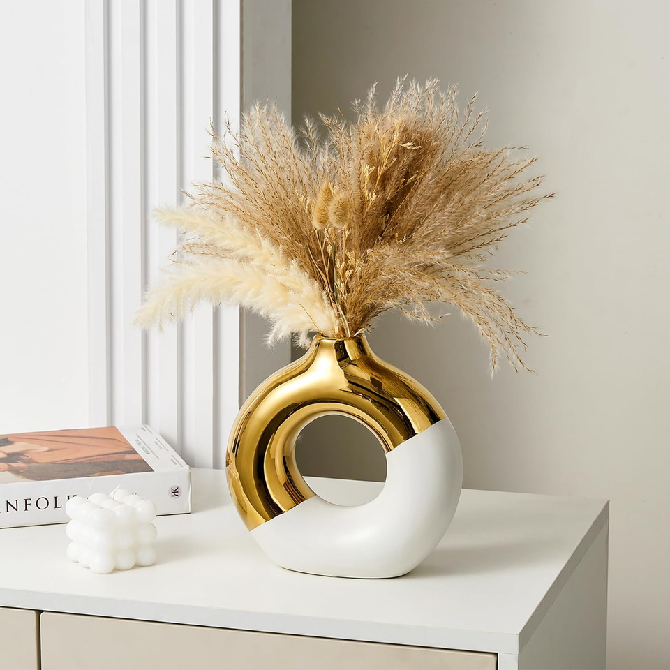 Ceramic Donut Vase, 10" L X 10" H White and Gold Large Vase for Pampas