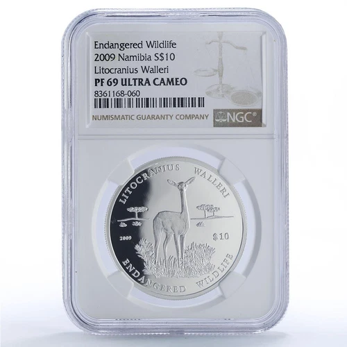 Namibia 10 dollars Litocranius Walleri Wildlife Fauna PF69 NGC silver coin 2009