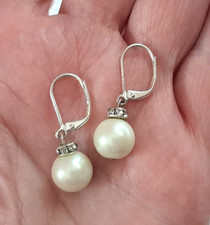 Silver Tone Crystal Rhinestone Simulated Pearl Dangle Drop 1" Fashion Earrings