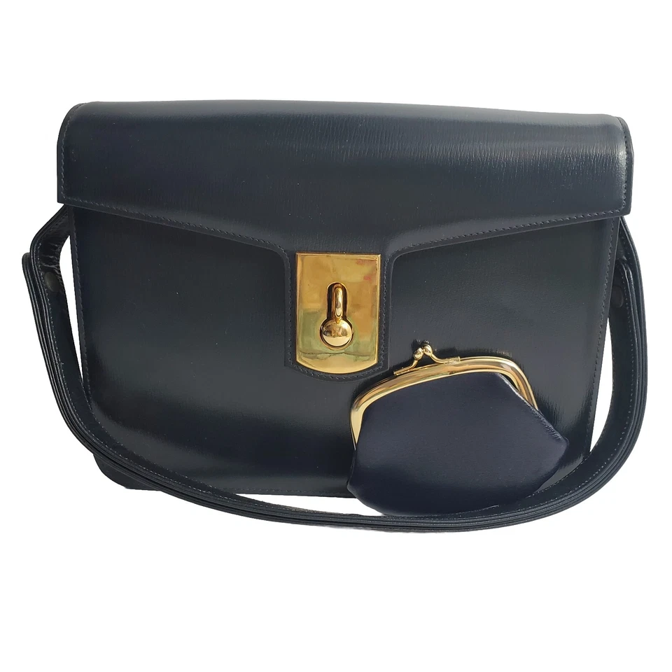 Cartera de mano de cuero azul marino vintage Saks Fifth Avenue hecha en Francia con bolsa Foto 2 de 4