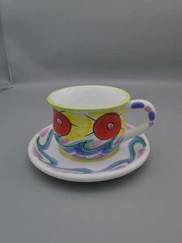 Tickled Pink Mug Cup Saucer Hand Painted Elizabeth Roache PresenTense Italy 15oz - Picture 2 of 15