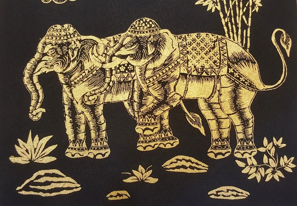 2 Gold Elephant Thai Art Silk Painting Posters Print Wall Home Decor Handmade - Image 2 of 4
