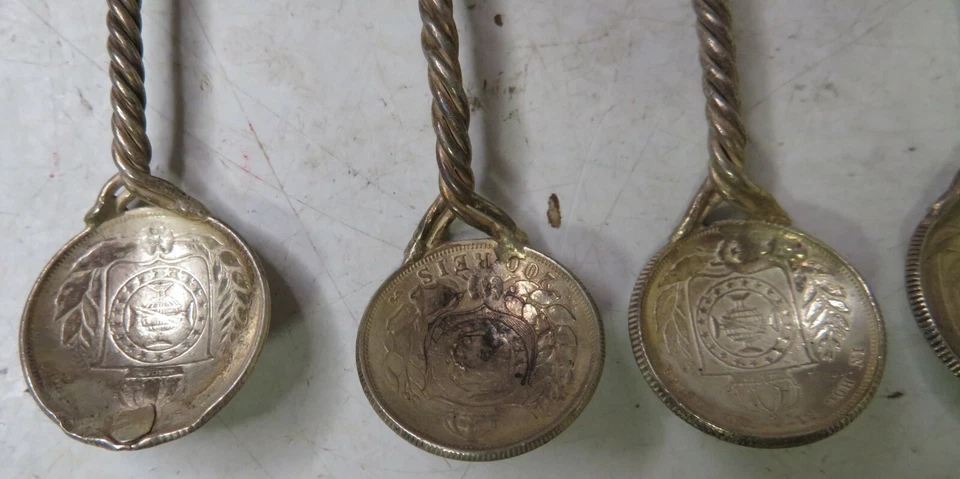 Very Rare VINTAGE Silver & Stone Coin Spoon SET OF 6 Brazil 1800's Reis Handmade - Image 3 of 4