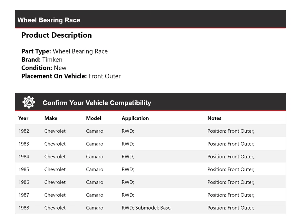 Подшипник колеса гоночный передний наружный для Chevrolet Camaro RWD 1982-1988 годов выпуска Timken 1983 - Изображение 2 из 4