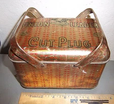 vintage Union Leader Cut plug EMPTY tobacco tin, great graphics, picnic basket