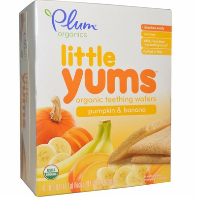 Plum organics Little yums Organic teething wafers pumpkin&banana 6 - 0.5oz (14.1g) packs net wt. 3oz (84g) nogmo (846675003379)