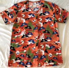 Women's Halloween Scrub Cotton Uniform Top Snaps Cute Bats Haunted House Sz S