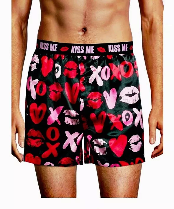 Mens Valentines Boxers Shorts Elastic Waist Lips XOXO Kiss Me Black Size XL