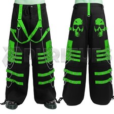Rave Goth Skull Green Strap Trousers Wide Leg Cyberpunk Chain Oversized Emo Pant