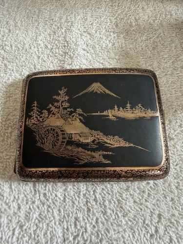 Vintage WWII Era Japanese Damascene Komai Cigarette Case - Mount Fuji
