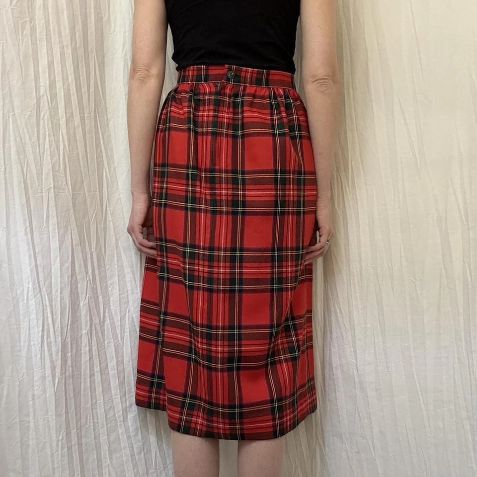 Land's End красный тартан клетку шерсти Midi юбка винтажный 90-х размер Sm опрятный Шотландии - Изображение 4 из 4