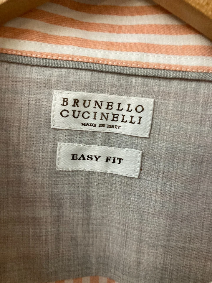 NUEVO CON ETIQUETAS BRUNELLO CUCINELLI Camisa de Vestir Naranja/Salmón/Blanco Rayas 17.5/44 Foto 4 de 4