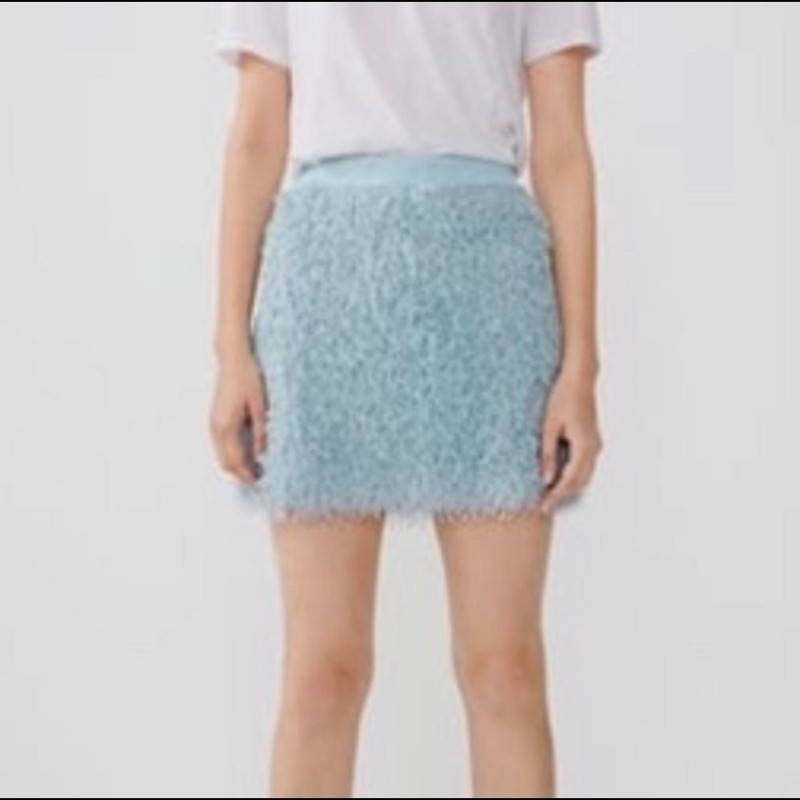 ZARA WOMENS BLUE FEATHER EFFECT FUZZY MINI SHORT SKIRT HIGH WAIST SMALL 🌸