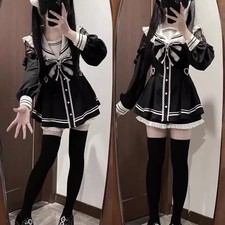 Jirai Kei Sailor Dress Black Lace, Japanese JK School Uniform Sweet Style Set