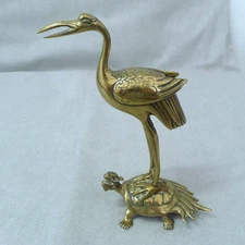 Antique Asian Brass Crane On Turtle Incense Figure Longevity Symbol c1900