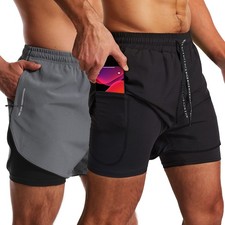 Men  s Running Shorts 3 Inch Workout Gym 2-in-1 Pants Athletic Compression Tra...