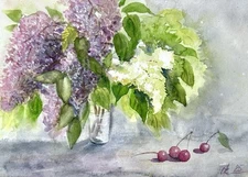 Original Painting Lilac and cherry Flowers in a vase still life Watercolor