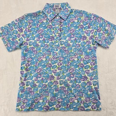 Leon Levin Polo Shirt Womens S Polo Blue Purple Floral Short Sleeve Vintage