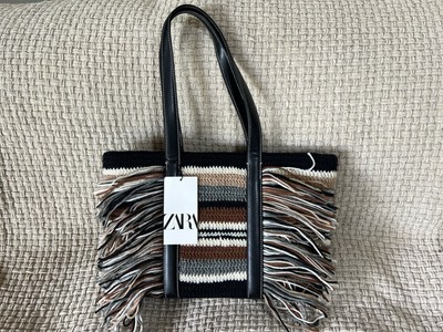 ZARA Striped Crochet Knit Fringe Tote Bag | Medium-Large | NWT