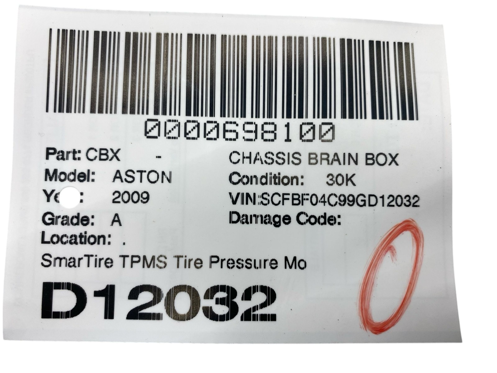 2009 Aston Martin Vantage SmarTire TPMS Tire Pressure Monitoring System Module