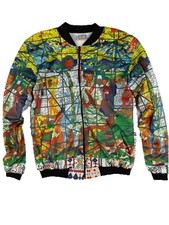 African Art Print Bomber Jacket Large Made In Ethiopia Colorful Mosaic Zip