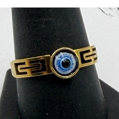 Gold Tone Evil Eye Ring Blue Crystal Protection Ring Size 10