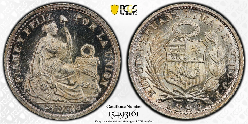 1897 L JF PERU Silver 1/2 DINERO PCGS MS-67 KM-206.2 - Image 3 of 3