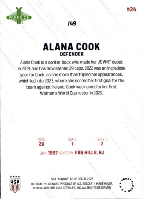 Alana Cook 2023 Parkside USWNT Recap Red Foil #24 USWNT /49 - Image 2 of 2