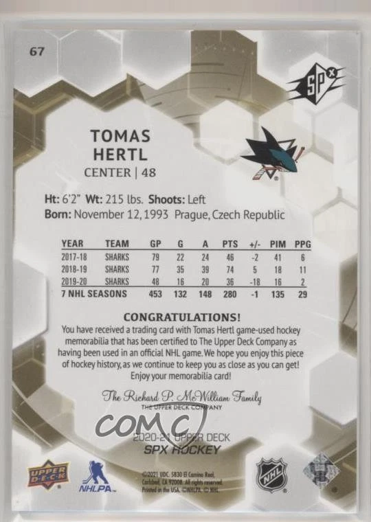 2020-21 SPx Jersey Tomas Hertl #67 - Image 2 of 2