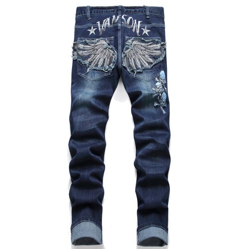 Men's Dark Blue Denim Jeans Embroidery Skull Straight Leg Pants Trousers Punk