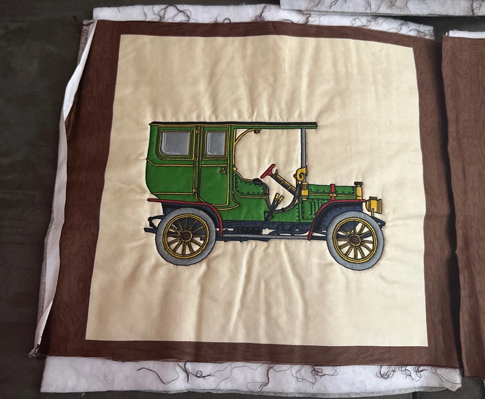 3 paneles vintage motores vehículos tela 12"x14,5" cada uno, sin acabar Foto 2 de 4