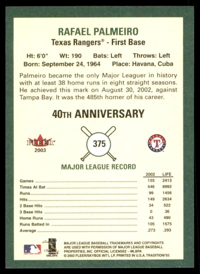 2003 Fleer Tradition Rafael Palmeiro Texas Rangers #375 - Image 2 of 2