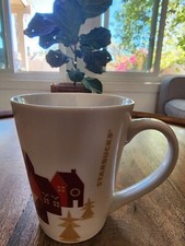 RARE 2013 Starbucks Christmas Holiday Red Village Gold Trees Coffee Cup Mug 13oz