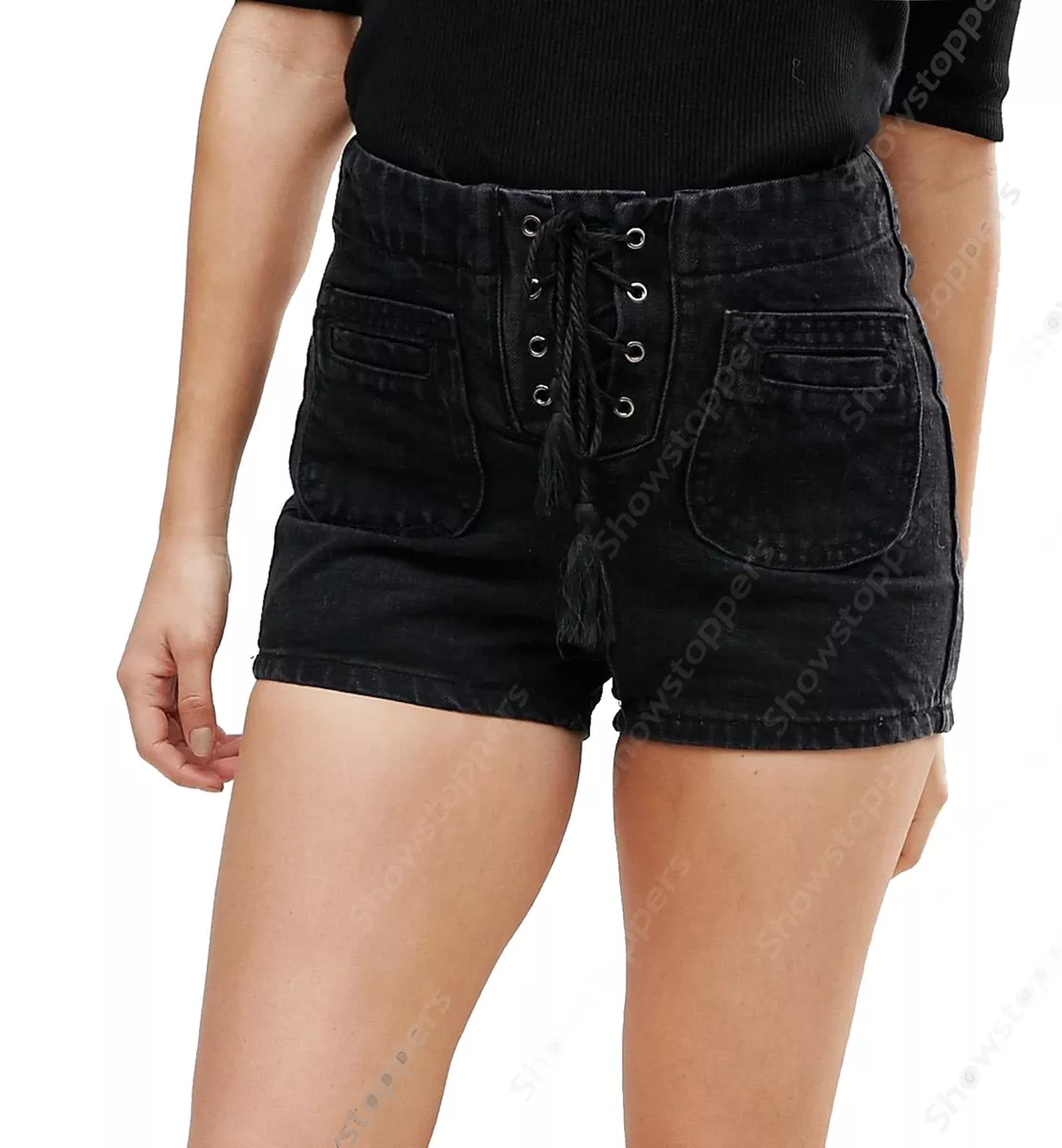 nuevo talle alto vaqueros pantalones cortos Mujer Encaje Negro Cintura Jean