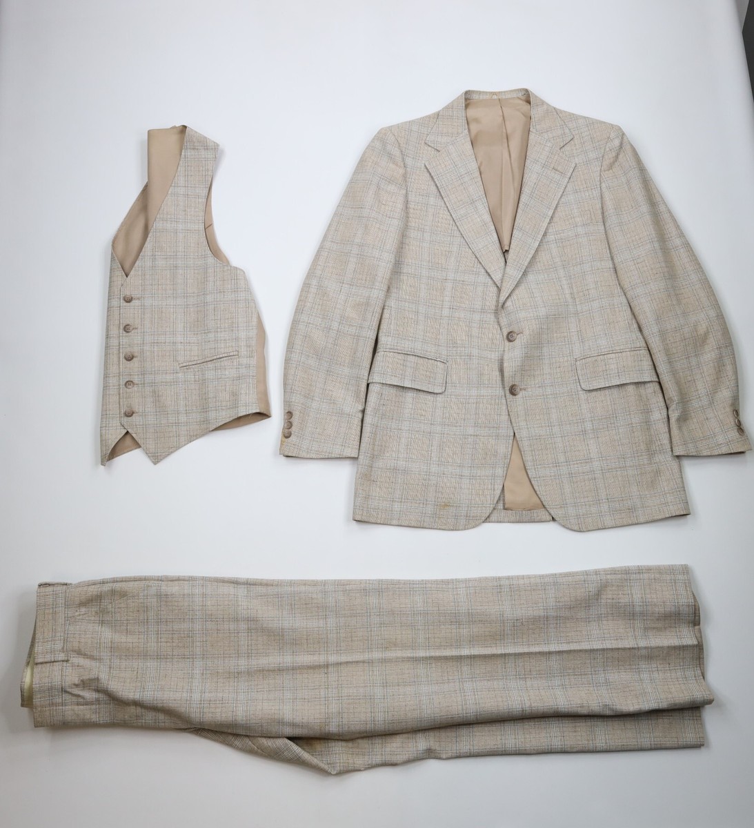 Vintage 70s Streetwear Mens 42R Piece Wool Suit Wedding Plaid USA Pants  34x32