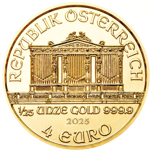 Wiener Philharmoniker 2025 Goldmünze 1/25 Oz 999,9 Gold Österreich 4 EURO ST - Afbeelding 2 van 2