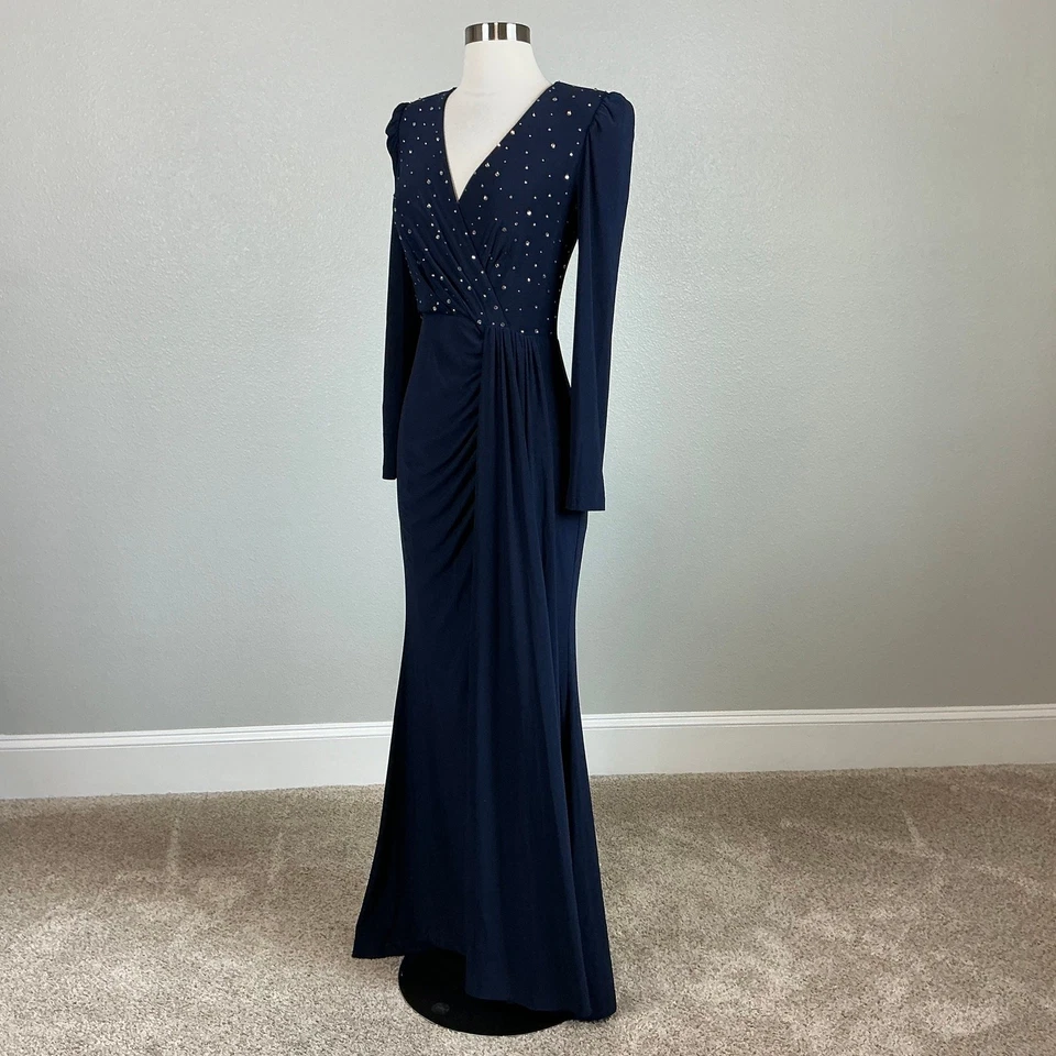 Vince Camuto Women's Formal Dress Size 4 Blue Beaded Long Sleeve Evening Gown - Image 4 of 4