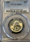 1949 P  Washington Silver Quarter, PCGS MS64, Philadelphia  Mint￼