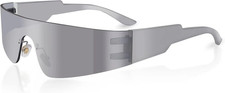 Futuristic Wrap around Sunglasses Y2K Silver Trendy Rimless Glasses Cyberpunk Ey