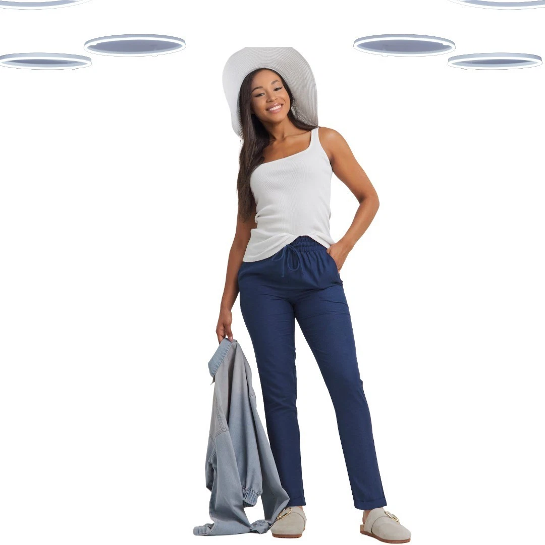 Ex Simply Be Women's Plus Size Linen Mix Tapered Trousers in Navy