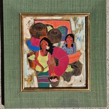 Vintage Original Signed Thai Painting with Etched Gold Marketplace Colorful13x12