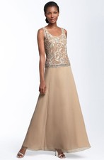 J Kara Beaded Chiffon Dress Sz 16 Champagne