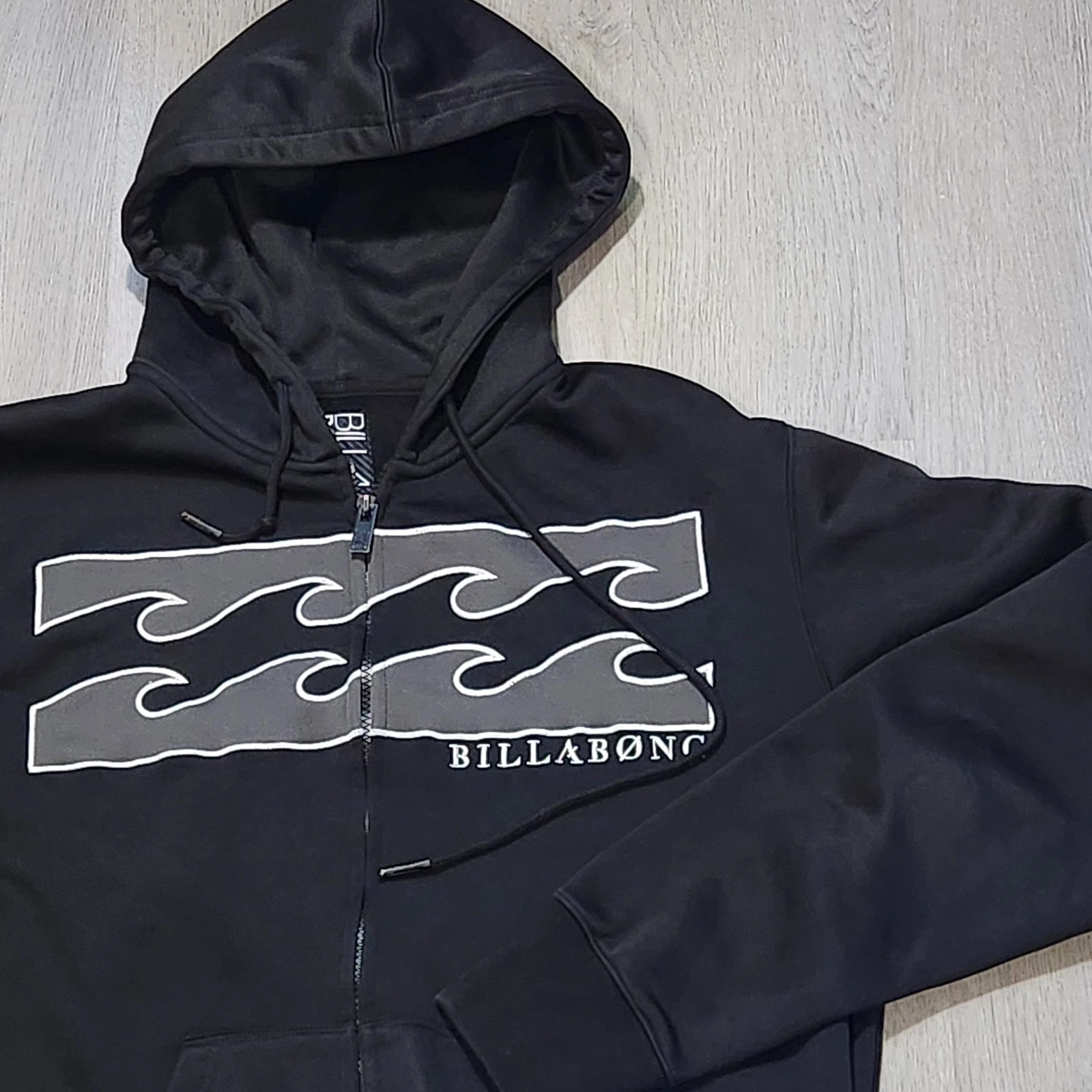 Y2k Billabong Big Logo Men Medium Fleece Hoodie Black Skater Embroided Zip Up